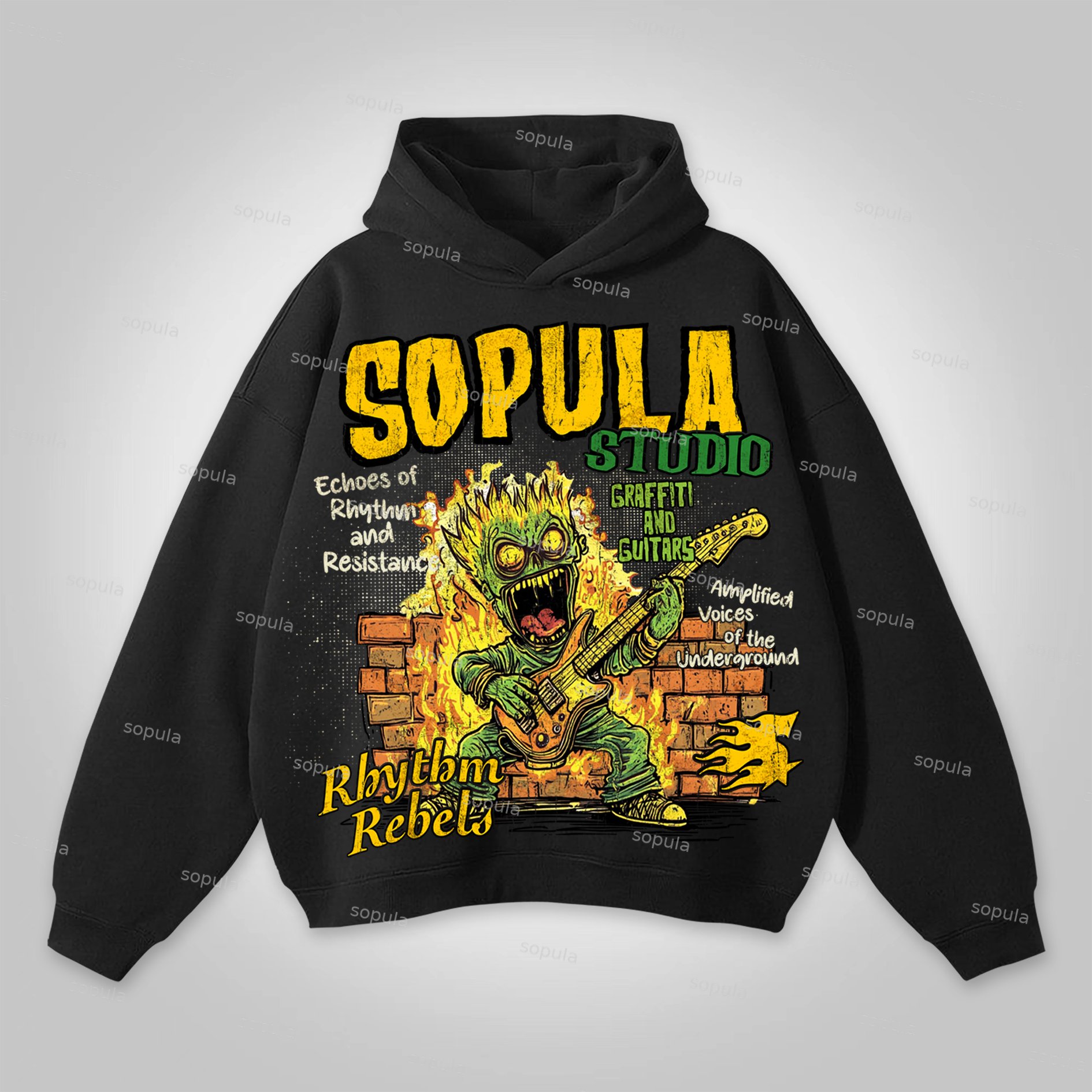 Sopula Street Graffiti Flame Guitar Graphic Cotton Hoodie - Sopula｜Premium Graphic Tees & Graphic Clothing