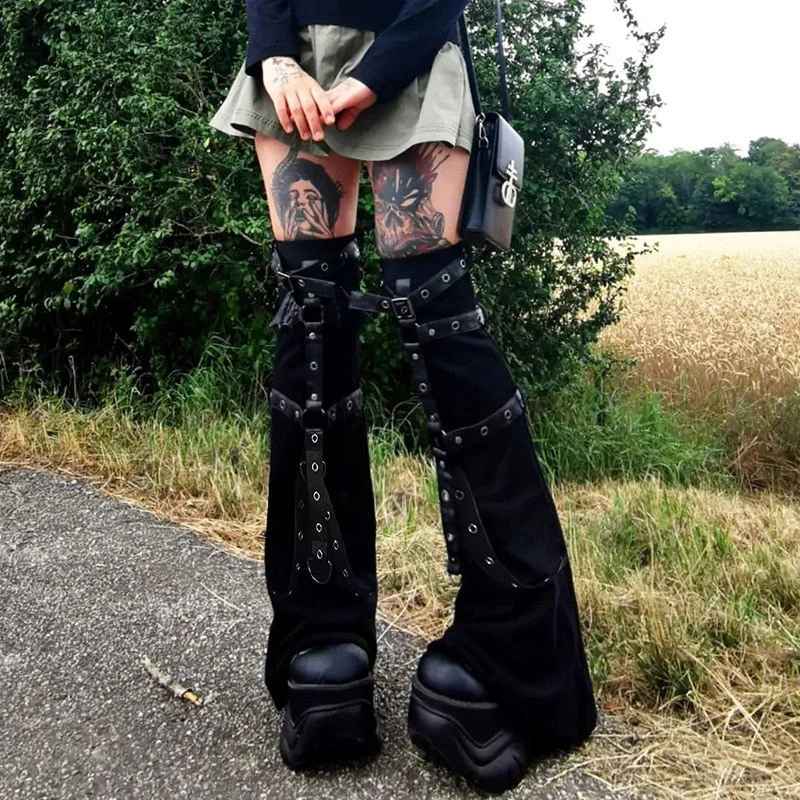 Sonicelife Halloween Mall Gothic Eyelet Strap Patched Socking Women Y2K Dark Academia Flare Long Socks Grunge Fairycore Tights Leg Socks