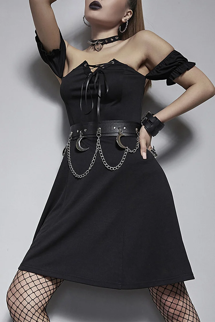 Gothic Black Party Lace Up Off The Shoulder Lettuce Trim Tunic Mini Dress