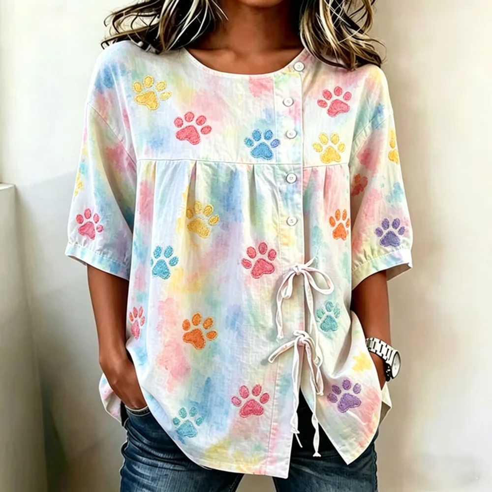 Comstylish Women's Colorful Cat Paw Embroidered Artistic Style Waist Shirt