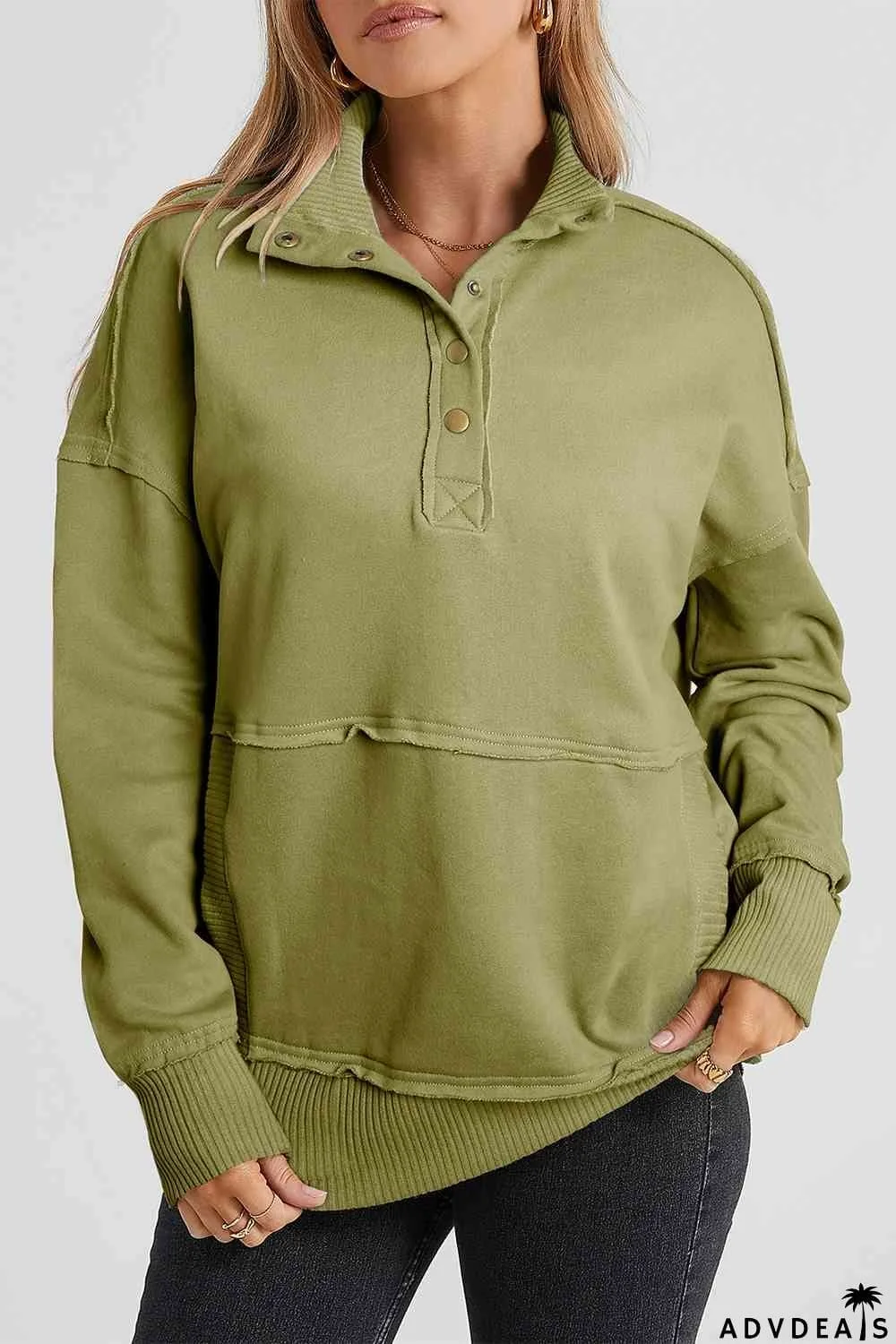 Half Snap Drop Shoulder Long Sleeve Sweatshirt