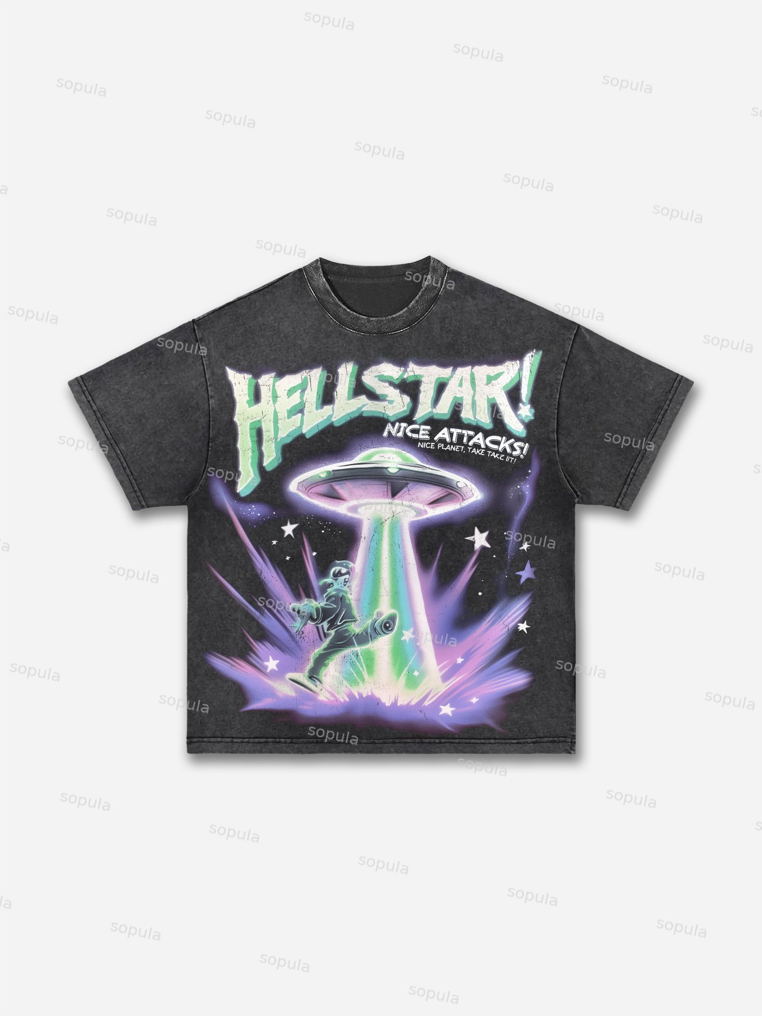Hell Planet Attack Alien Abduction Graphic Acid Wash T-shirt - Sopula ｜Premium Graphic Tees & Graphic Streetwear
