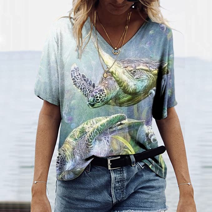 Comstylish Turtle Print V-Neck Short Sleeved Casual T-Shirt