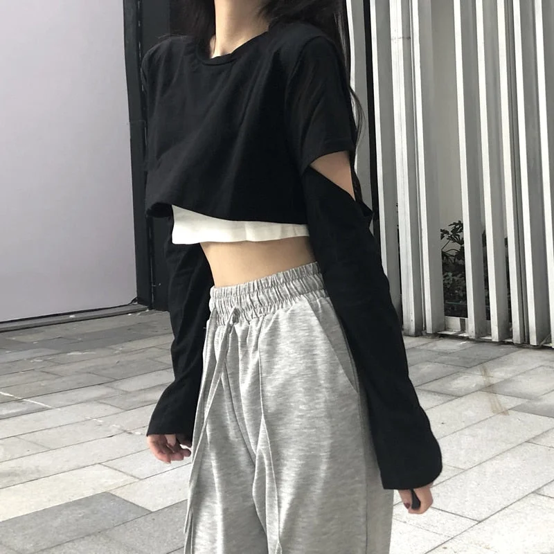 Peneran Long Sleeve T-Shirts Women Patchwork Loose Crop Tops Hot Girls Casual Simple All-Match Spring Ladies Chic Tees Camis Sets 2Pecs