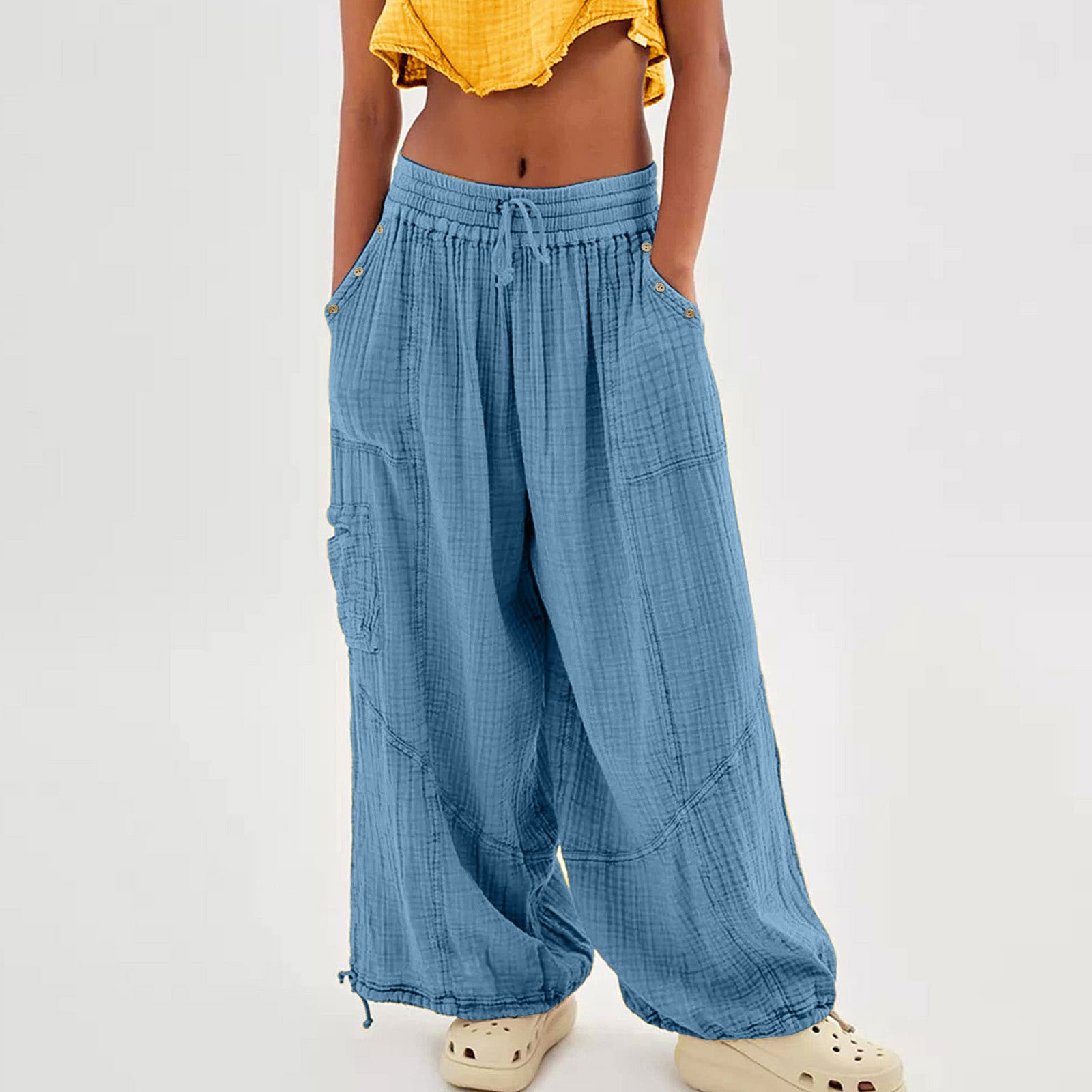 Whosewln Linen Pants Women Wide Leg Harem Pants High Waist Button Drawstring Palazzo Pants Loose Workout Stright Long Wide Leg Pants