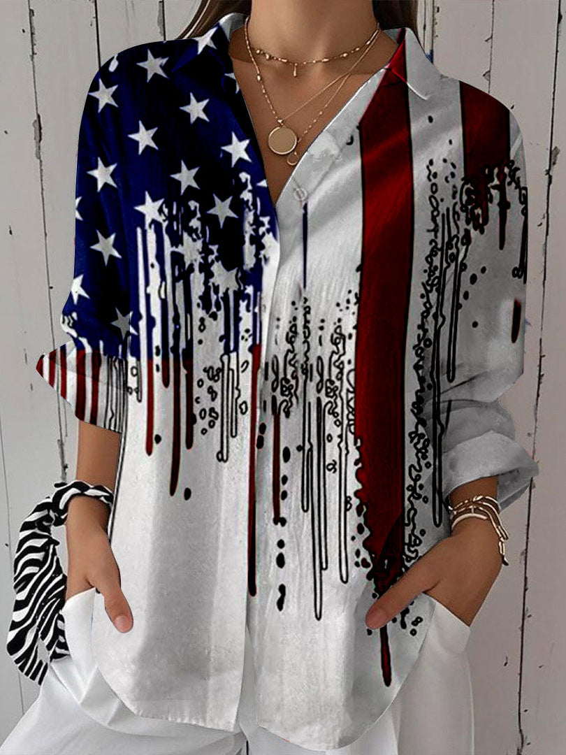 Women 3/4 Sleeve Shirt Collar National Flag Printed Graphic Button Tops