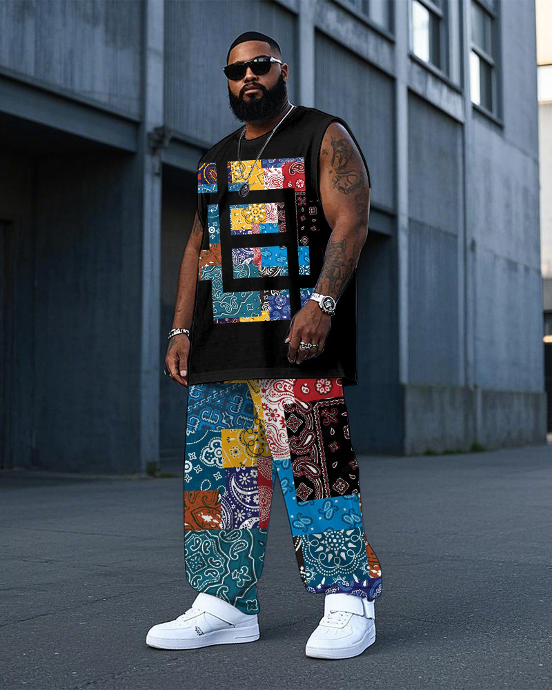 Men's Plus Size Colorful Colorblock Paisley Print Tank Trousers Suit