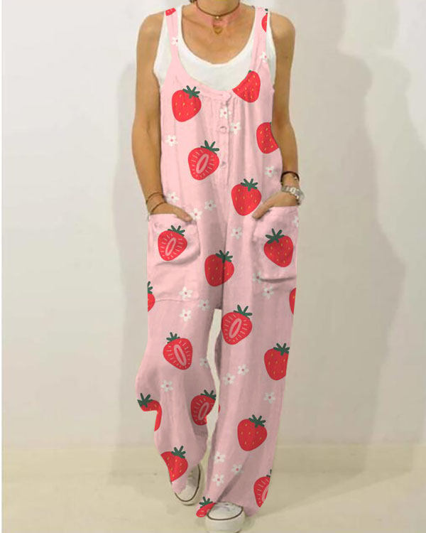 Cute Strawberry Pocket Casual Comfort Jumpsuit