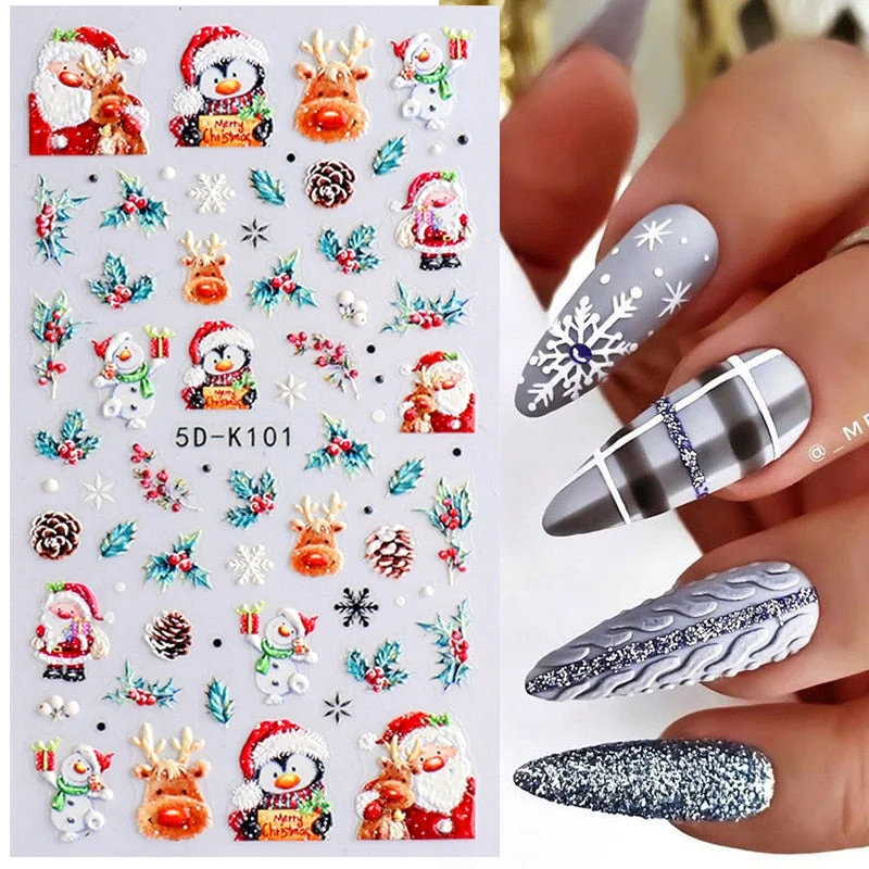 5D White Snowflakes Red Xmas Nails Stickers For New Year Embossed Self Adhesive Decals Cloud Snow Leaf Christmas DIY Decoration