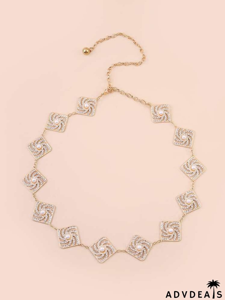 Faux Pearl & Rhinestone Decor Geometric Chain Belt