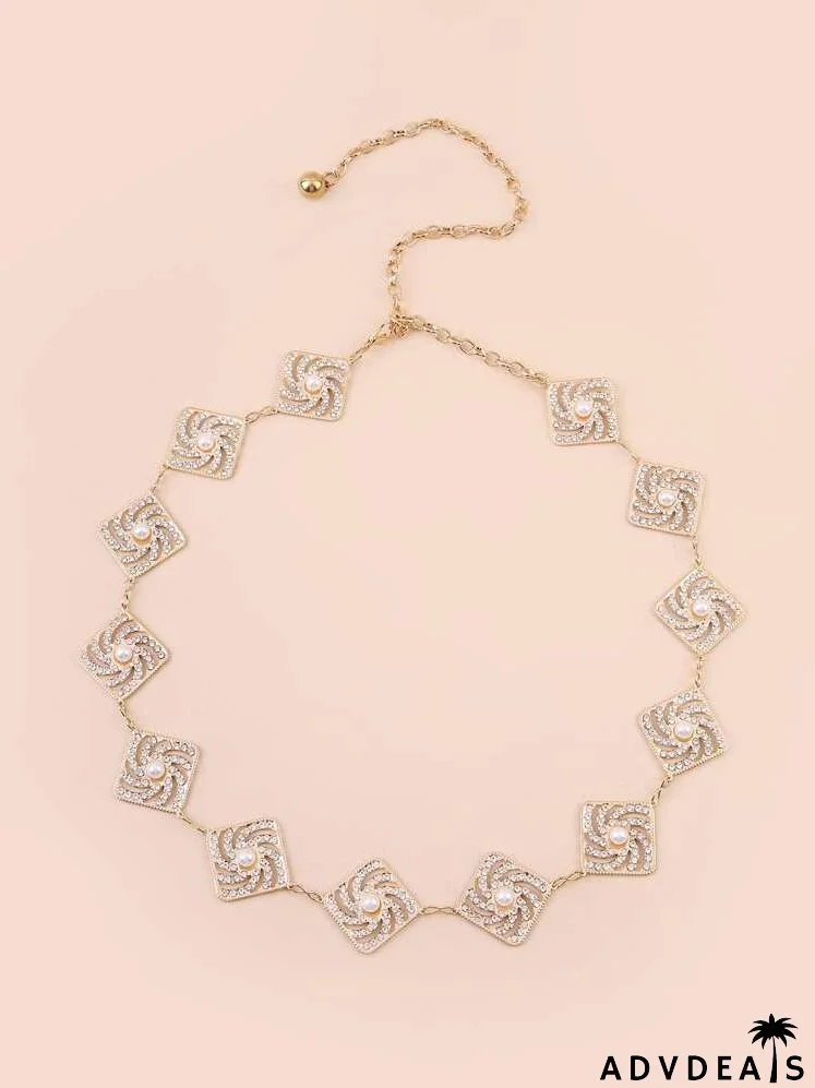 Faux Pearl & Rhinestone Decor Geometric Chain Belt