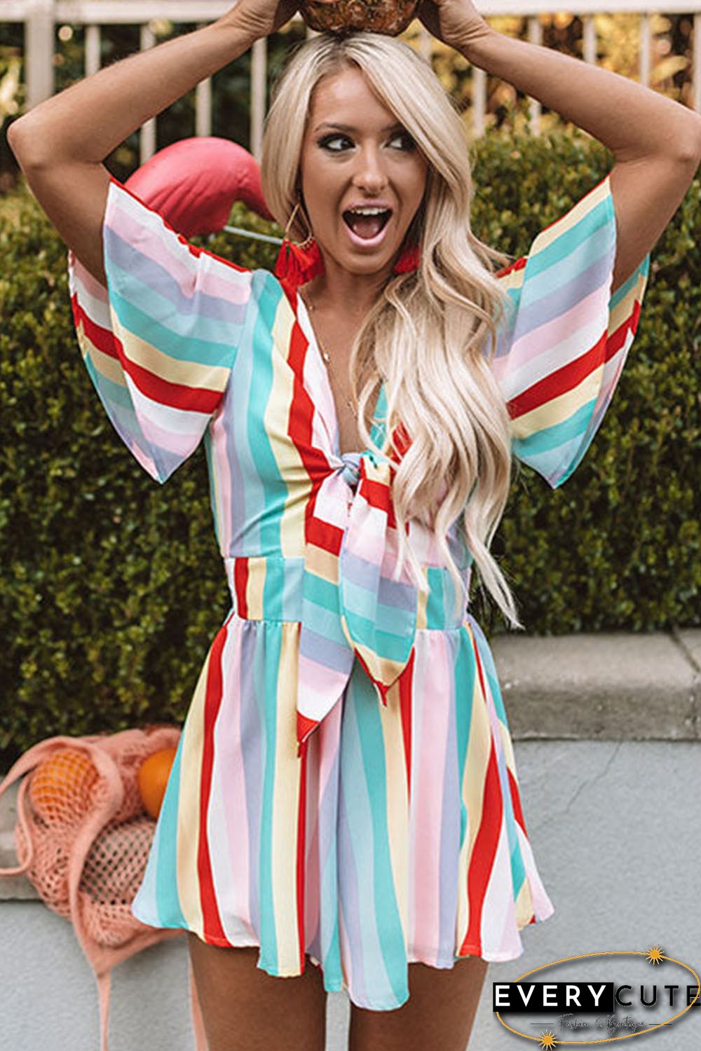 Multicolor Stripe Print Tie V Neck Flowy Romper
