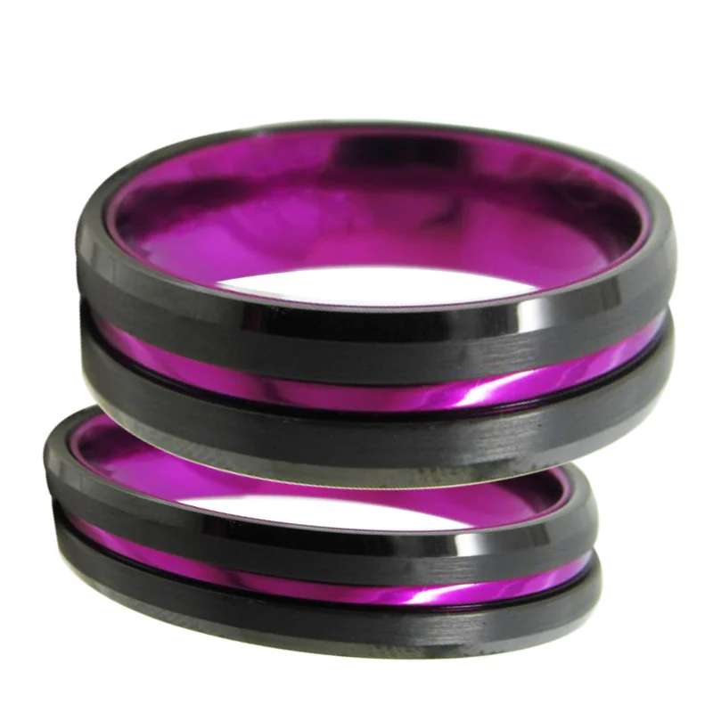 6MM 8MM Women's Or Men's Black Tungsten Carbide Wedding Matching Rings Purple Groove Matte Finish Beveled Edge