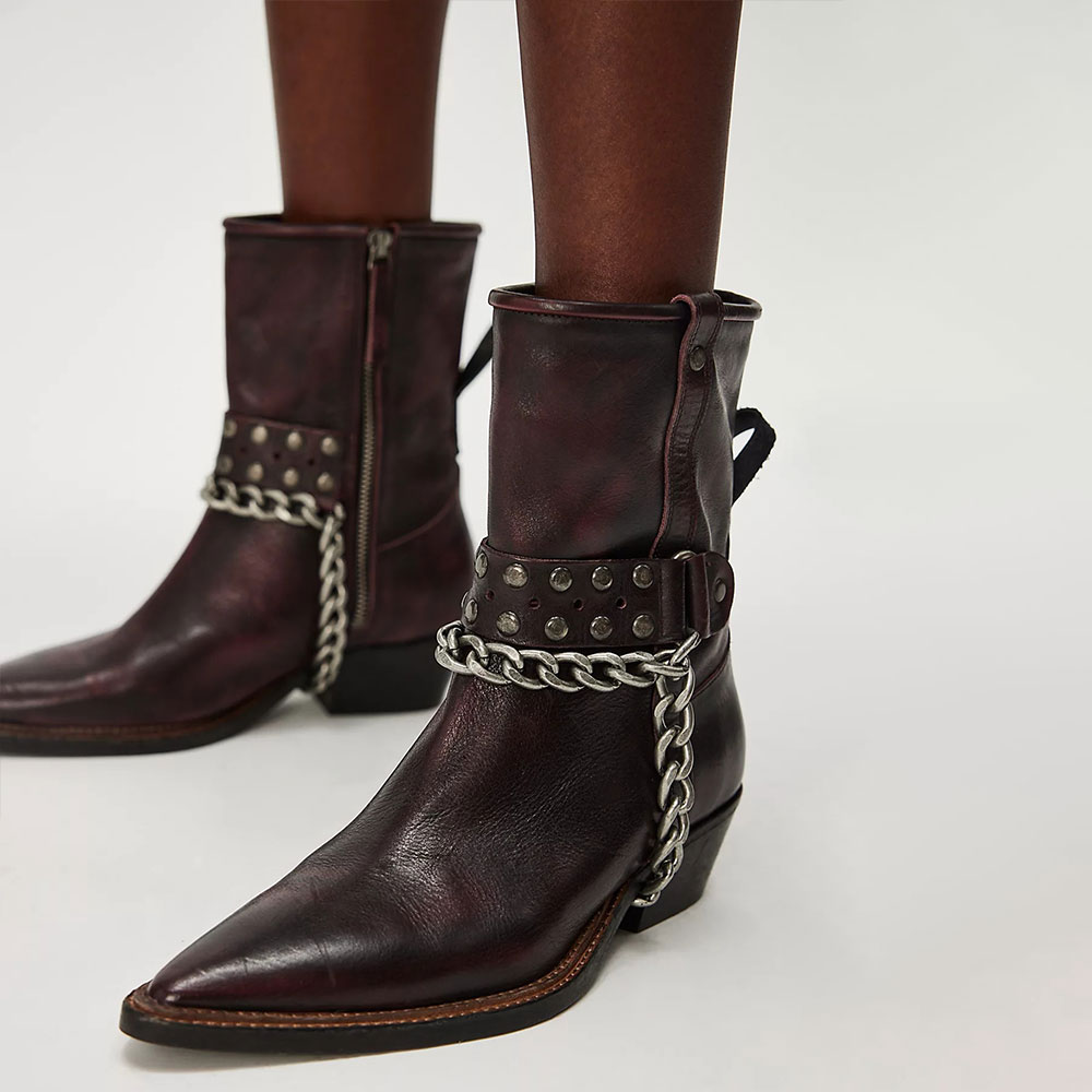 Pointed Toe Block Heel Dark Burgundy Short Western Boots with Chain Nicepairs