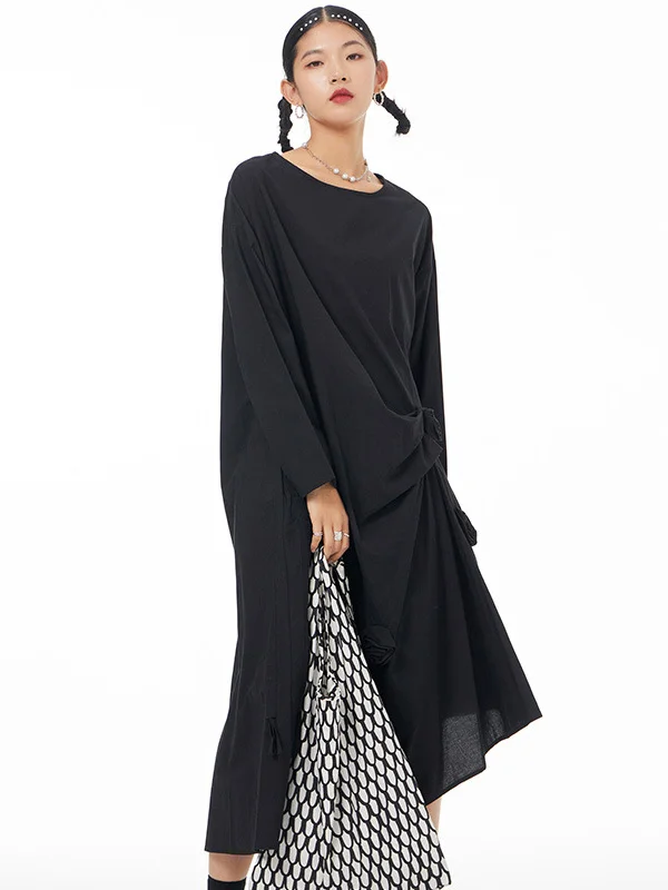 Simple Loose Asymmetric Solid Color Applique Midi Dress