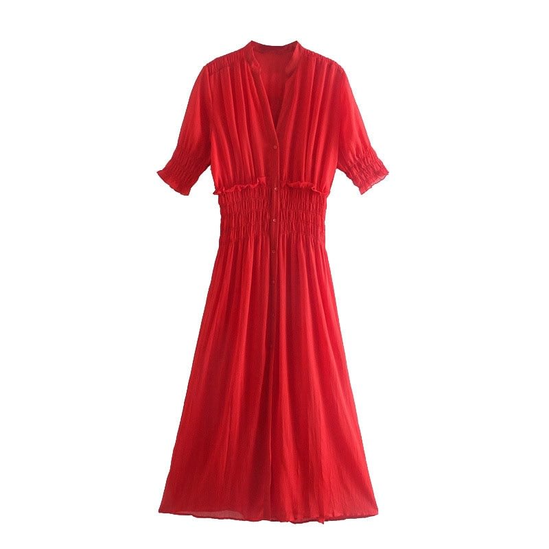 TRAF Women Chic Fashion With Elastic Waist Pleated Midi Dress Vintage Short Sleeve With Lining Female Dresses Vestidos