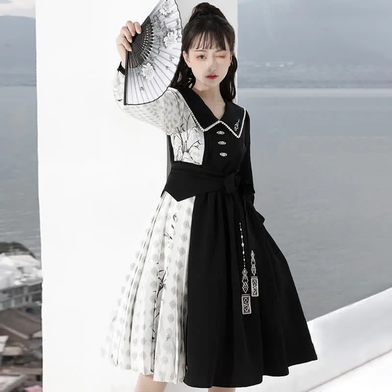 Vintage Bamboo Print Lapel Colorblock Dress