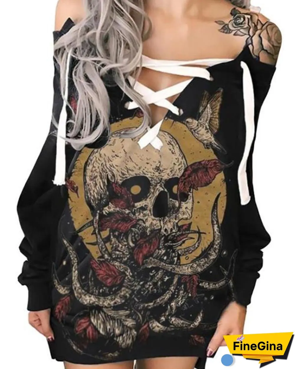 Halloween Off-The-Shoulder Printed Skull Casual Dress
