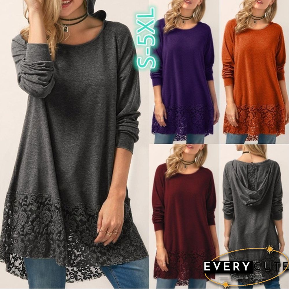 Women Fashion Solid Color Hoodies Long Sleeved T-shirt Autumn Lace Hooded Sweater Plus Size