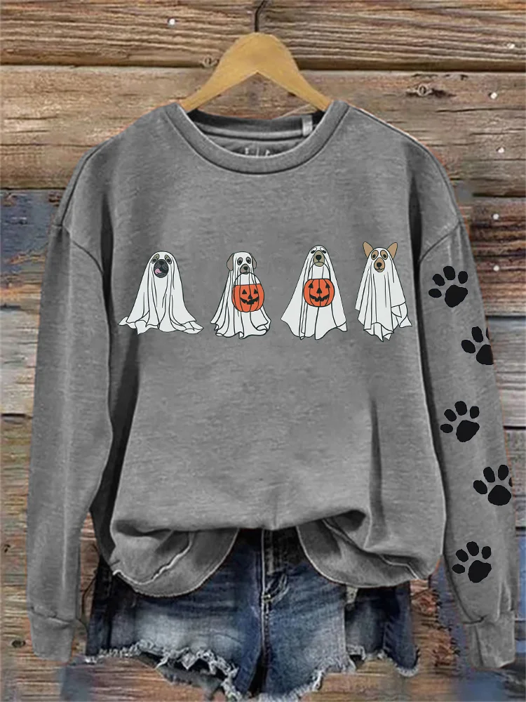 Wearshes Lovely Halloween Ghost Dogs Paw Prints Washed Sweatshirt