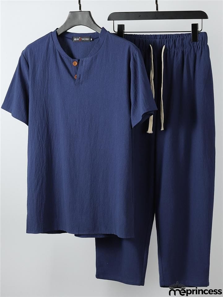 Solid Color Lightweight 2-Piece Outfit Button T-Shirt + Drawstring Waistband Cropped Pants