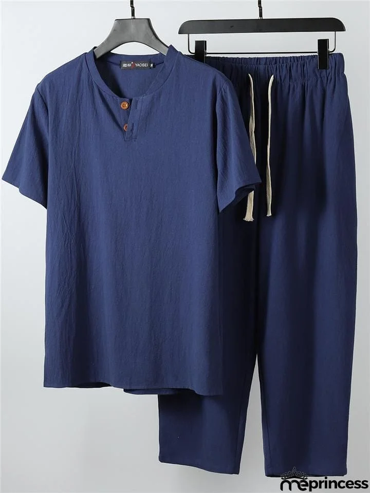 Solid Color Lightweight 2-Piece Outfit Button T-Shirt + Drawstring Waistband Cropped Pants