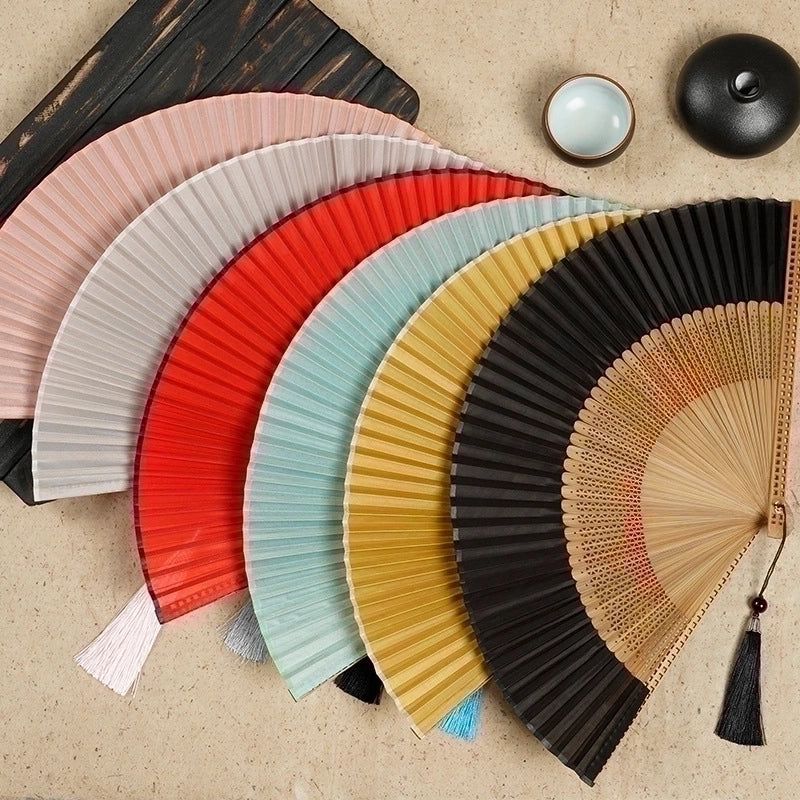 21cm Bamboo Silk Fan Women’s Archaic Folding Fan Tassel 6-inch Scenic Spot Travel Photo Fan