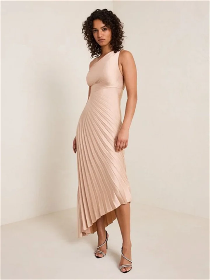 Fashion One Shoulder Sun Ruffle Satin Solid Color Dress