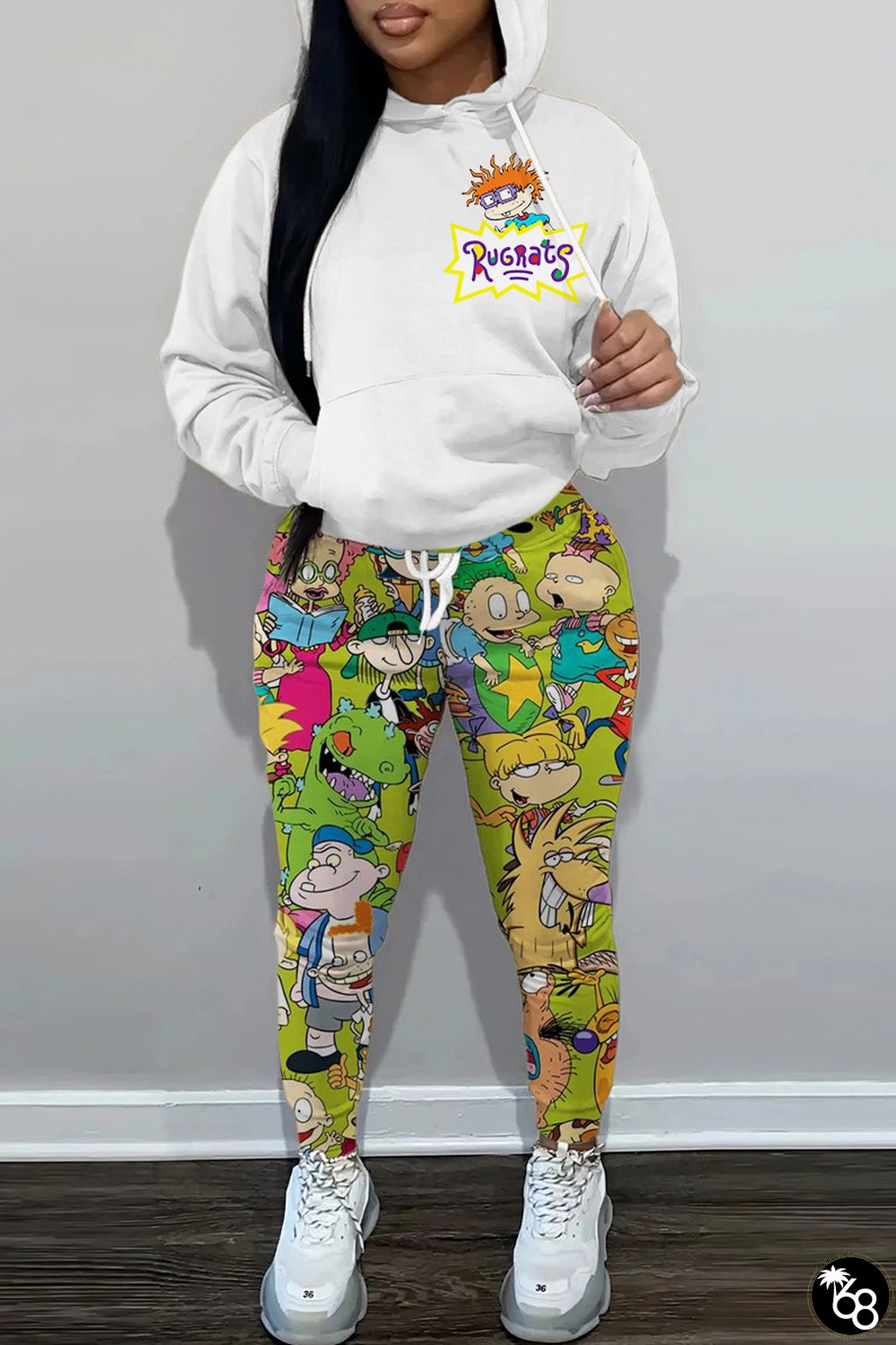 Fruit Green Casual Character Print Basic Hooded Collar Long Sleeve Two Pieces | 168DEAL