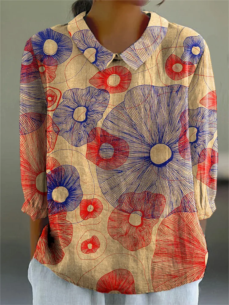 Modern Geometric Pattern Printed Women's Casual Cotton And Linen 3/4 Sleeve Shirt