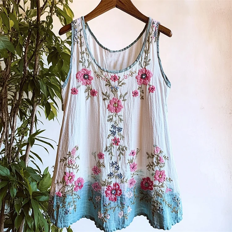 Utbros Trans Color Boho Floral Embroidered Gradient Linen Tank Top