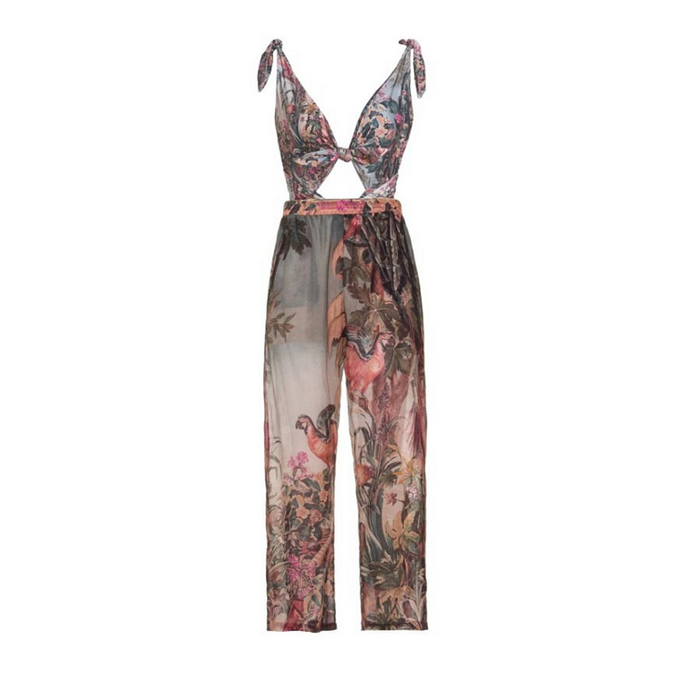 Printed Bowknot Cutout One Piece Swimsuit and Beach Pants