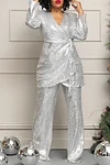 Women's Elegant Sequin Overlap Collar Top Set Suit