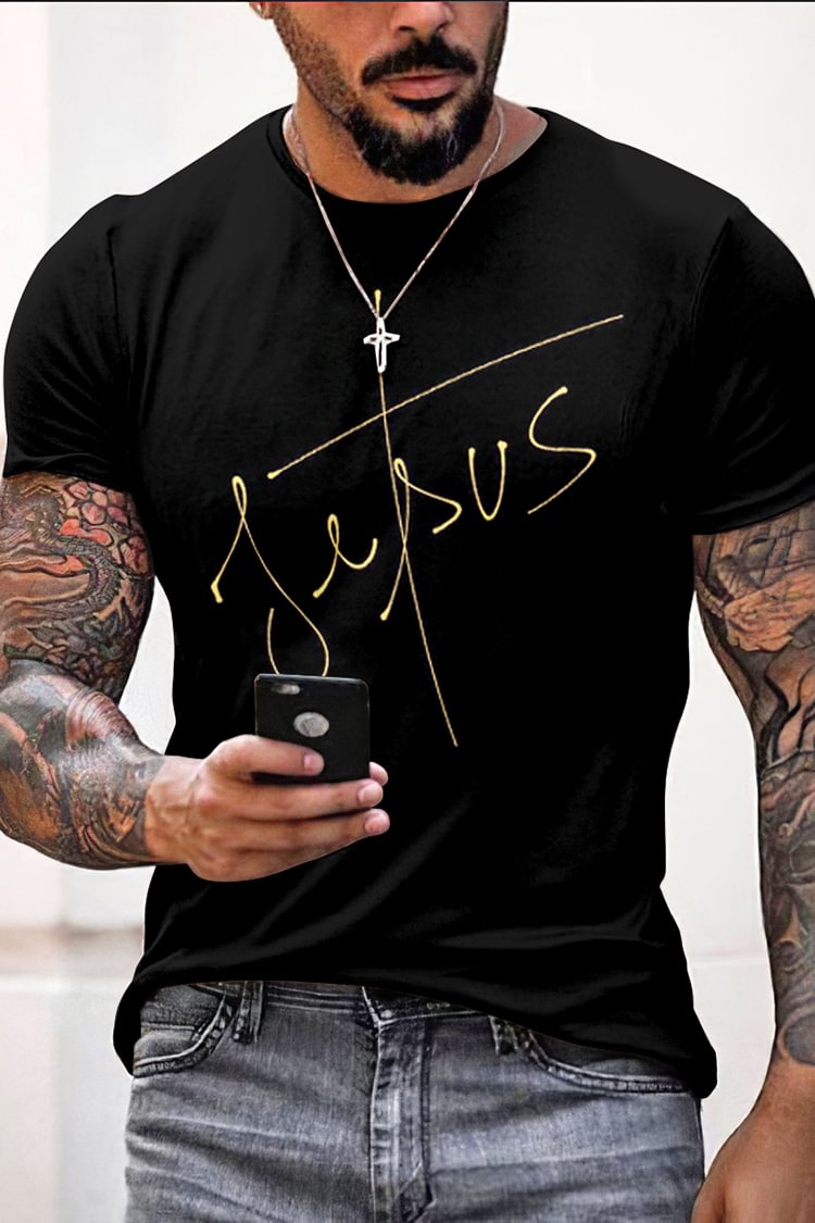 Tiboyz Fashion Black Faith Jesus Print Short Sleeve T Shirt