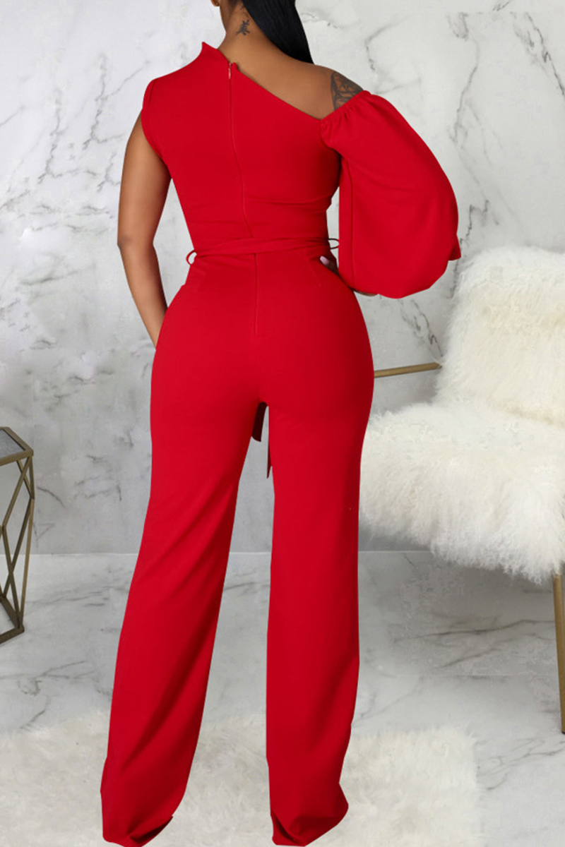 Casual Solid Patchwork One Shoulder Boot Cut Jumpsuits