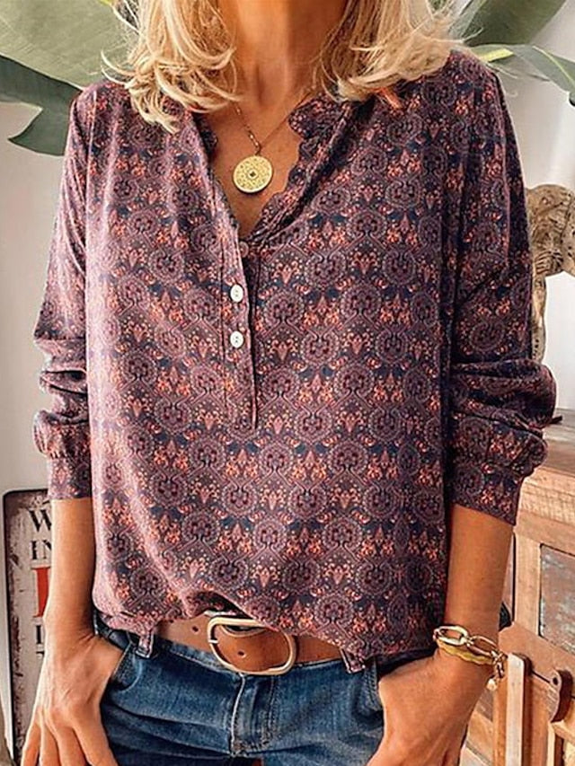 Shirt Blouse Wine Dusty Blue Purple Floral Geometric Button Long Sleeve Casual Daily