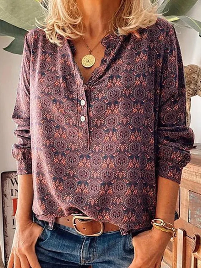 Shirt Blouse Wine Dusty Blue Purple Floral Geometric Button Long Sleeve Casual Daily