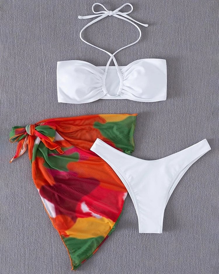 3PCS Cross Halter Bikini Set With Colorblock Beach Skirt