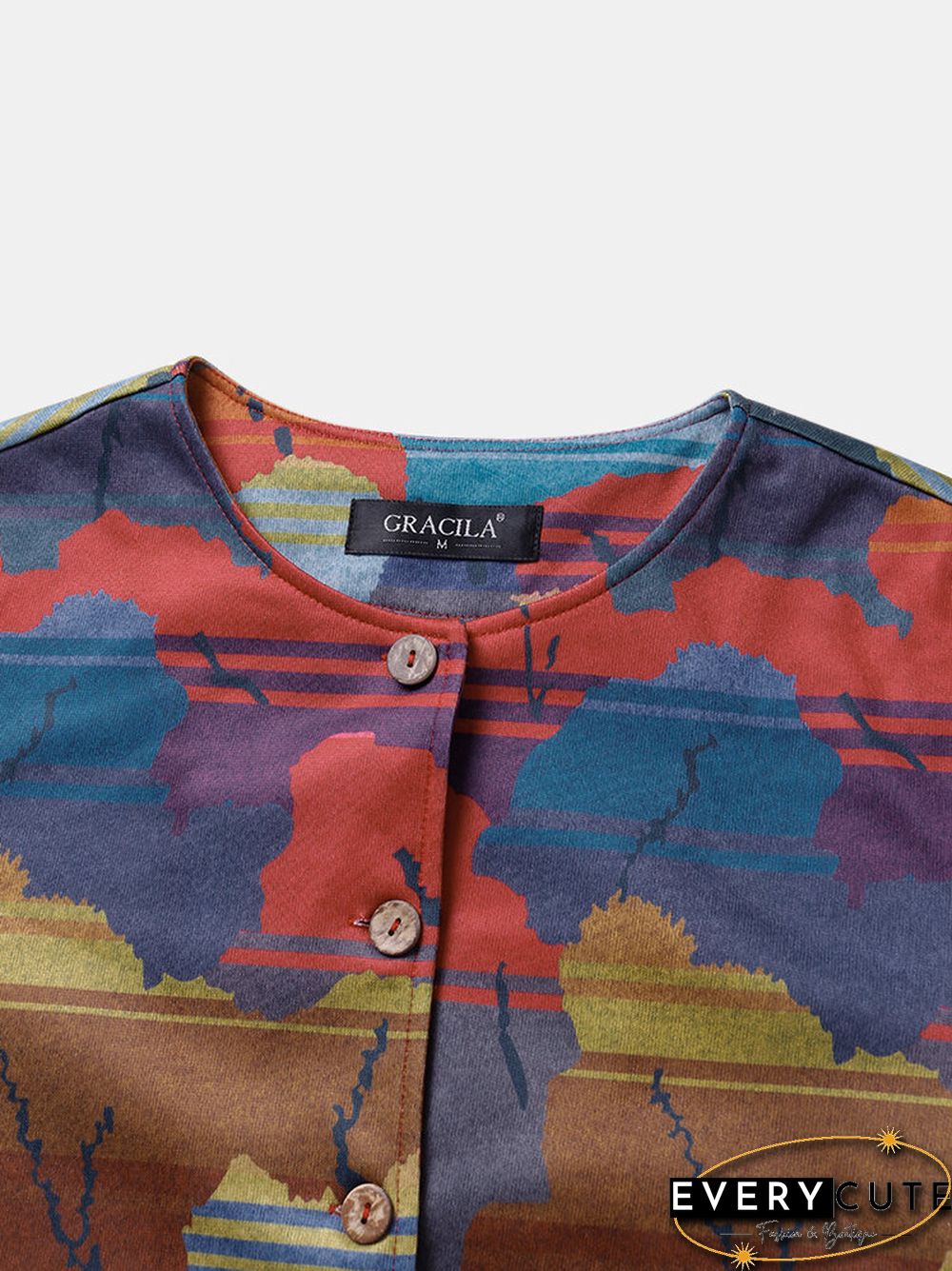 Vintage Print Long Sleeves O-neck Casual Button Coats For Women