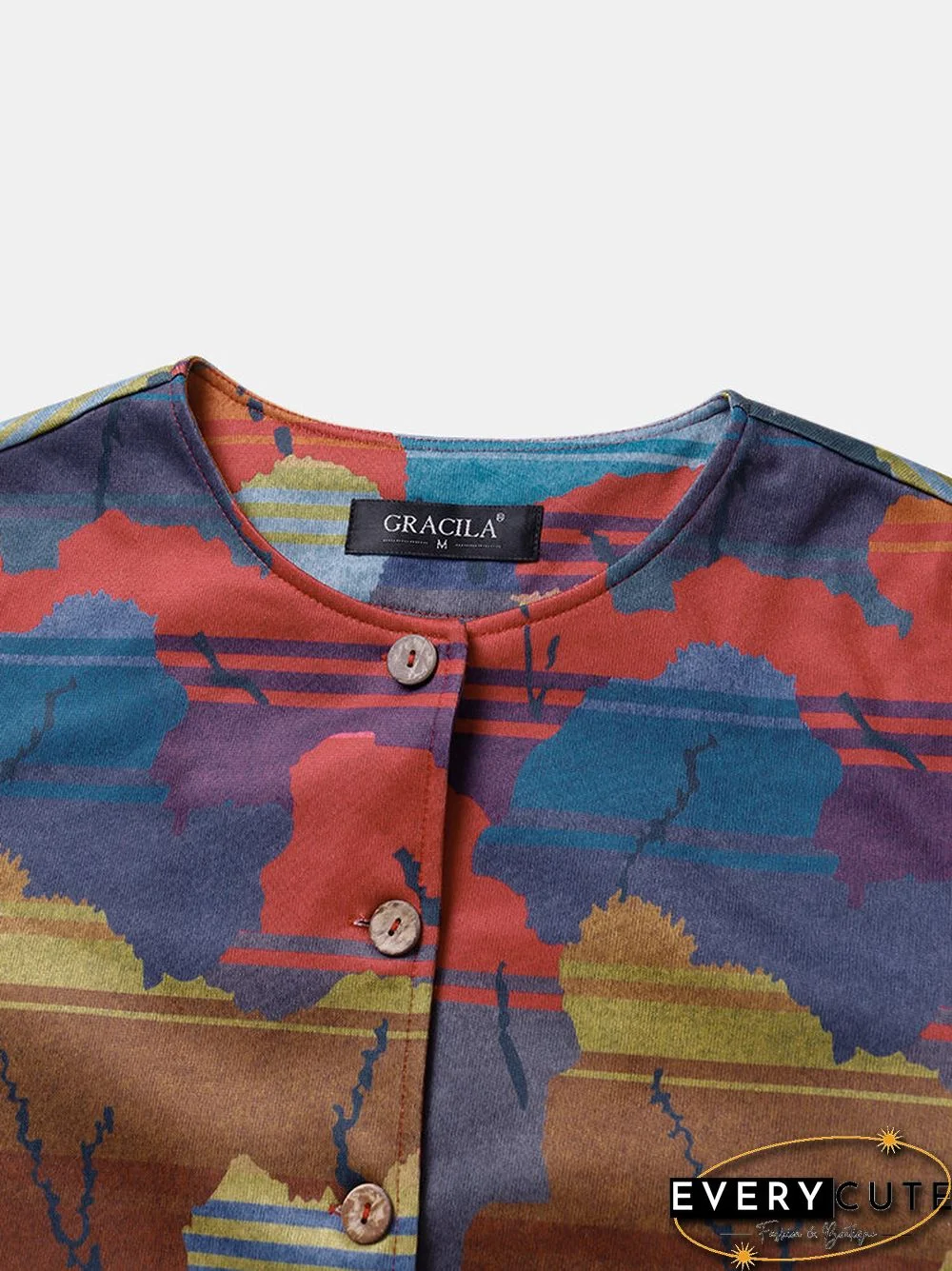 Vintage Print Long Sleeves O-neck Casual Button Coats For Women