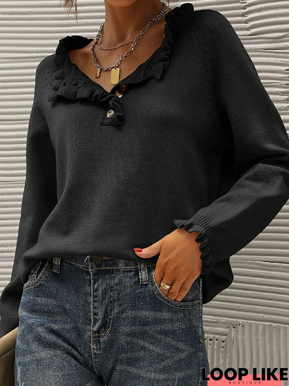 Solid Color Casual Long Sleeve Button Ruffle Pullover Sweater