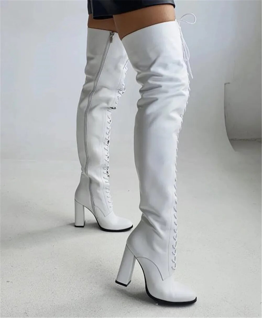 VCSHOES White Matte Leather Chunky Heel Over Knee Boots Slim Round Toe Thick Heel Long Boots Big Size Boots