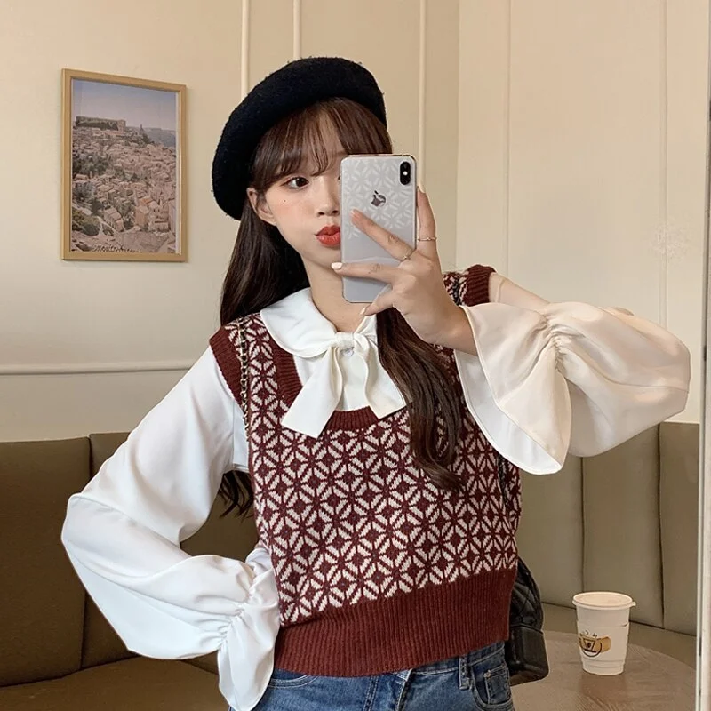 Sweater Vest Women O-neck Print Loose Sleeveless All-match Korean Style Preppy Retro Autumn Simple Leisure Stylish Knit Harajuku