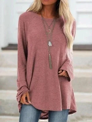 Women's Pure Color Casual Round Neck Loose Long Sleeve T-Shirt
