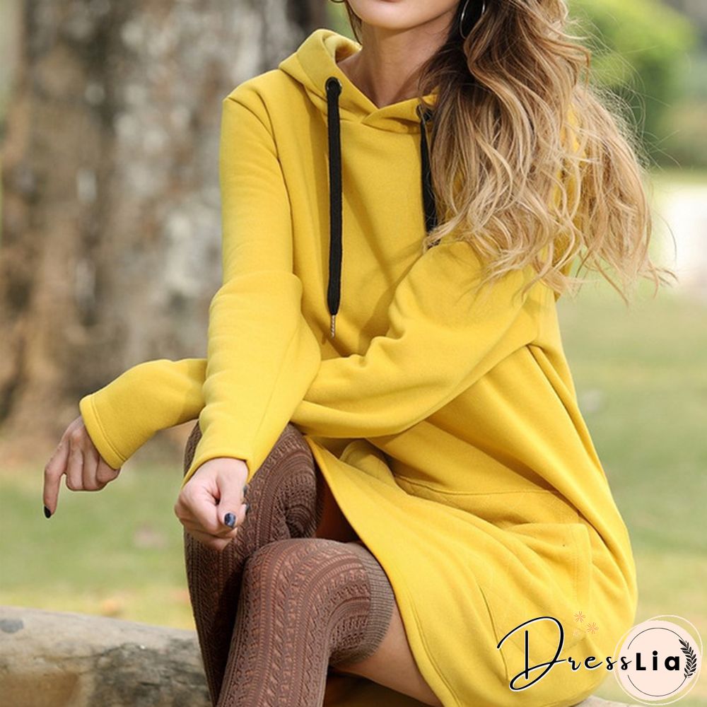Womens Plus Size Solid Color Long Sleeve Loose Pocket Drawstring Hoodies Dress