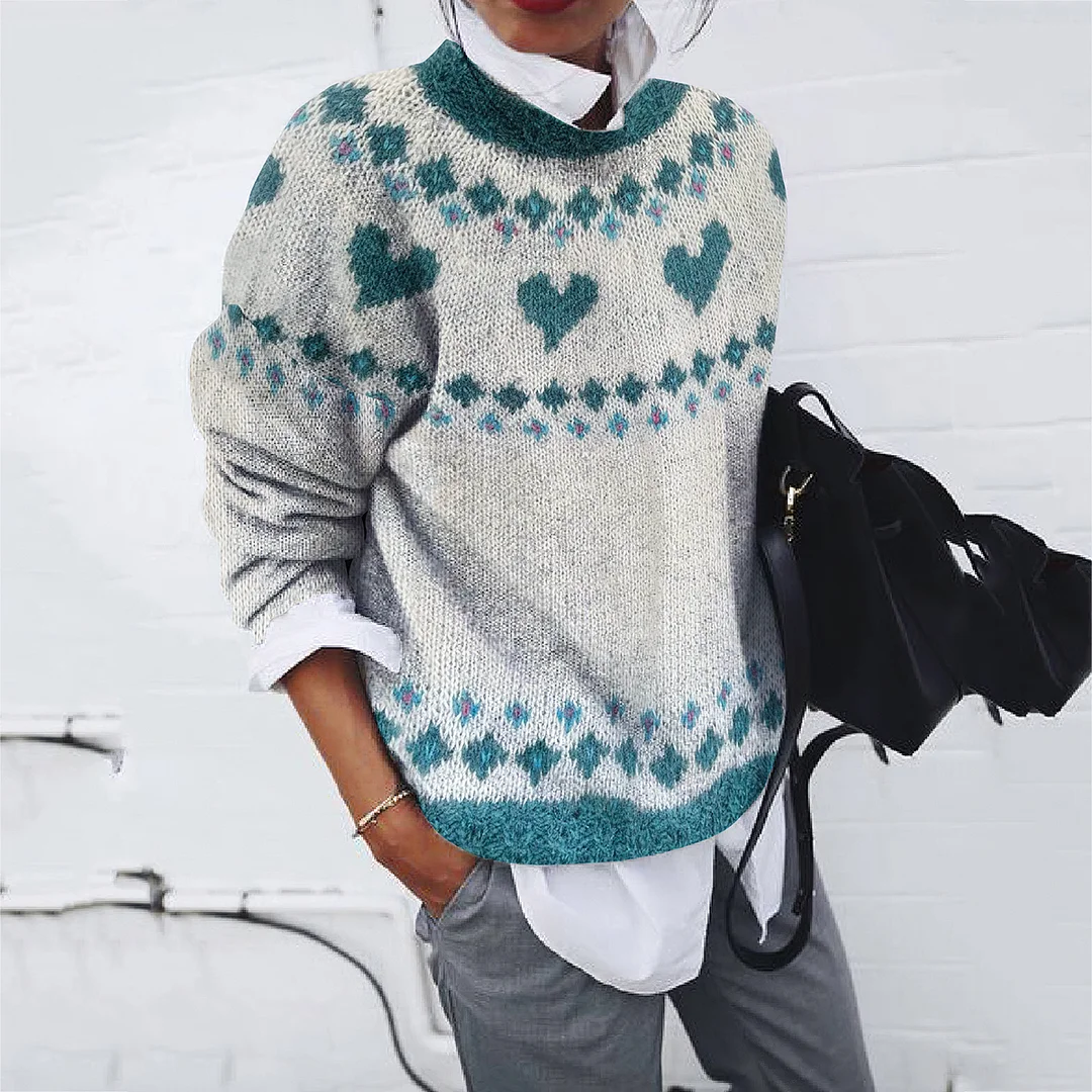 Retro Love Diamond Print Crew Neck Sweater