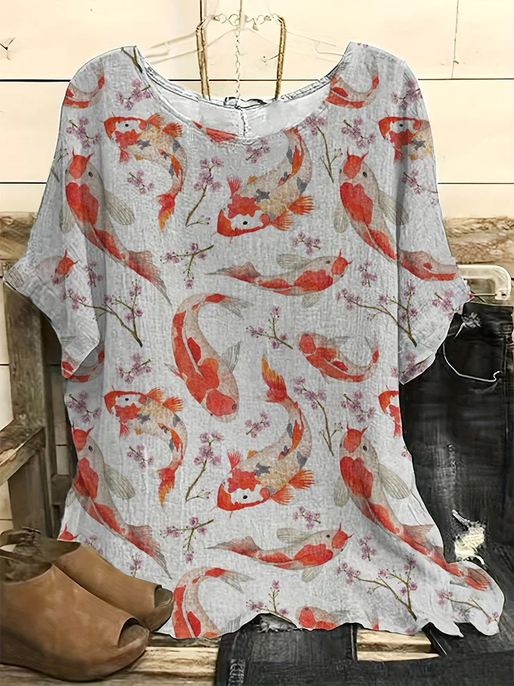 Japanese Art Flower Pattern Linen Blend Top