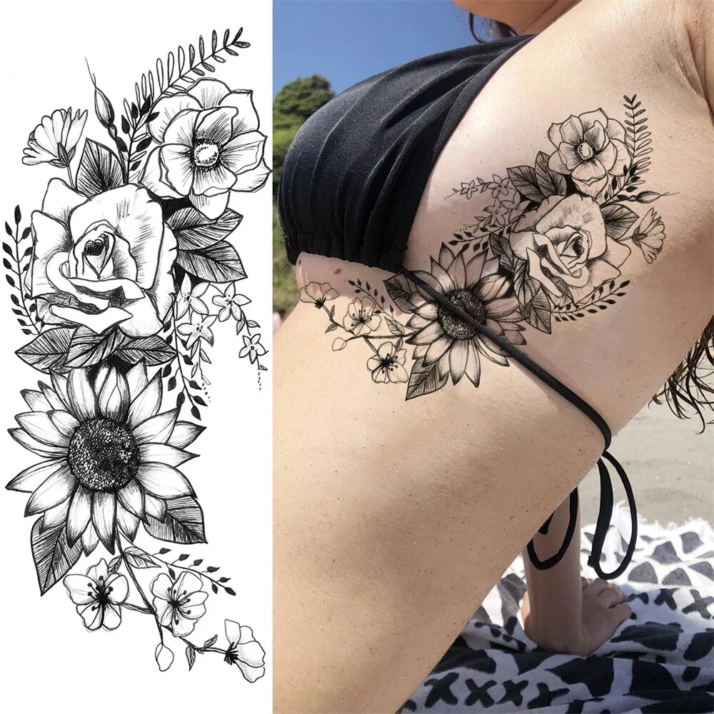 Sdrawing Sunflower Butterfly Temporary Tattoos For Women Adult Rose Flower Moon Fake Tattoo Arm Body Art Decoration Tatoo Paper