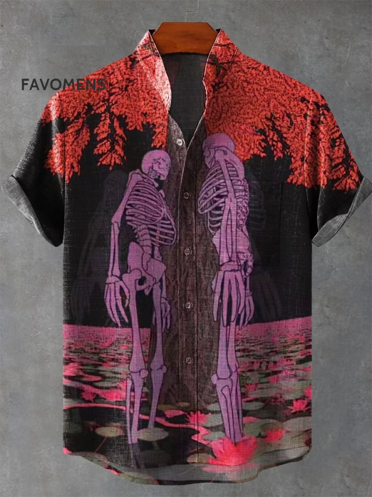 Vintage Wide Angle Tree Skeleton Couple Printed Casual 100% Cotton Shirt Multicolor / S