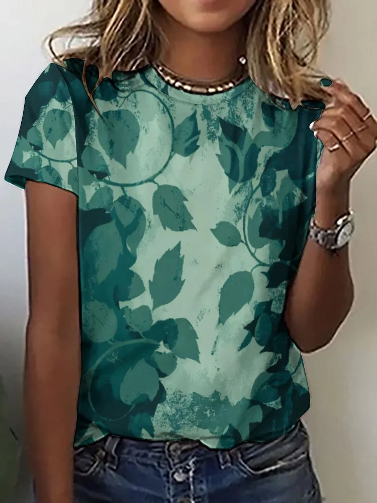 Printed Short Sleeve Casual T-shirt for  Women and Men Unisex Pattern Green, Leaf